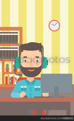 A hipster man in headphones sitting in front of computer monitor with mouse in hand on the background of living room vector flat design illustration. Vertical layout.. Man playing video game.