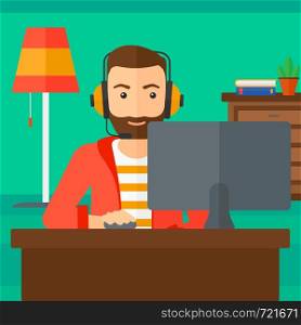 A hipster man in headphones sitting in front of computer monitor with mouse in hand on living room background vector flat design illustration. Square layout.. Man playing video game.