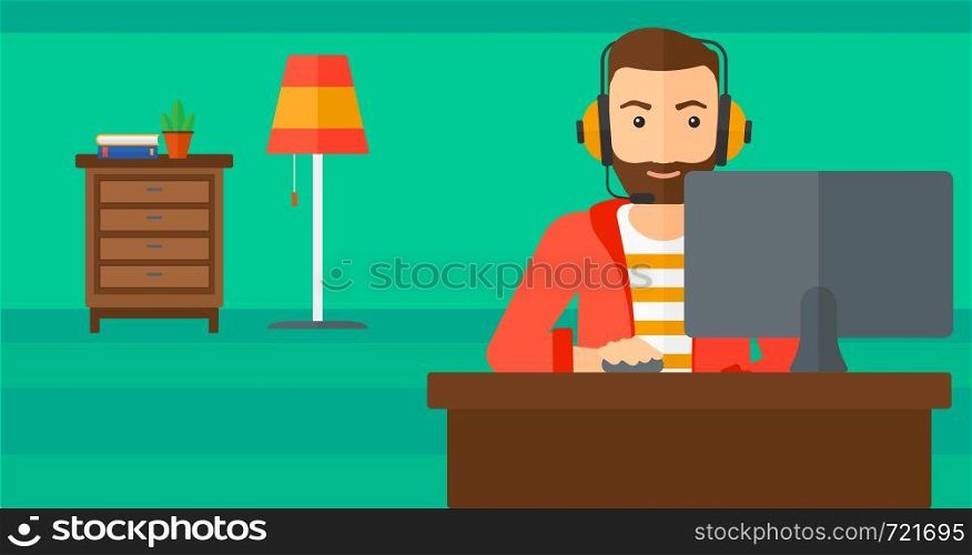 A hipster man in headphones sitting in front of computer monitor with mouse in hand on living room background vector flat design illustration. Horizontal layout.. Man playing video game.