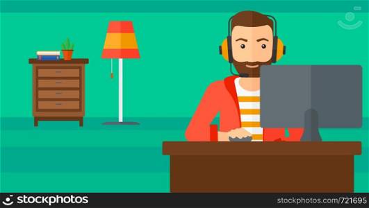 A hipster man in headphones sitting in front of computer monitor with mouse in hand on living room background vector flat design illustration. Horizontal layout.. Man playing video game.