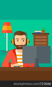 A hipster man in headphones sitting in front of computer monitor with mouse in hand on living room background vector flat design illustration. Vertical layout.. Man playing video game.