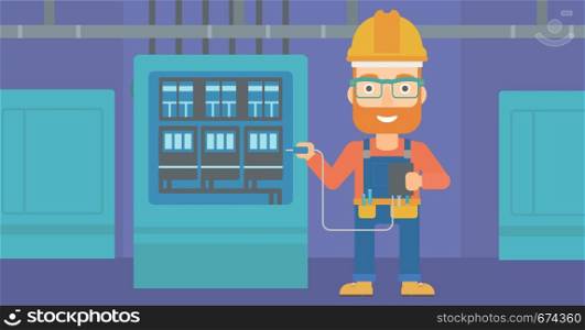 A hipster man in helmet measuring the voltage output vector flat design illustration. Horizontal layout.. Electrician with electrical equipment.