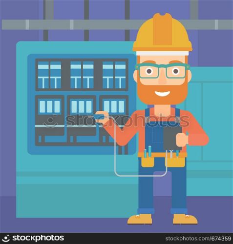 A hipster man in helmet measuring the voltage output vector flat design illustration. Square layout.. Electrician with electrical equipment.