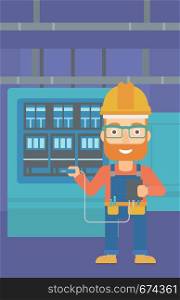 A hipster man in helmet measuring the voltage output vector flat design illustration. Vertical layout.. Electrician with electrical equipment.