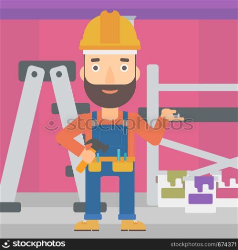 A hipster man in helmet with a hummer and a nail in hands standing on the background of purple walls, paint cans and ladder vector flat design illustration. Square layout.. Cheerful repairer engineer.