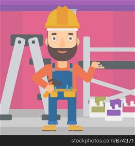 A hipster man in helmet with a hummer and a nail in hands standing on the background of purple walls, paint cans and ladder vector flat design illustration. Square layout.. Cheerful repairer engineer.