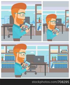 A hipster man looking at house on a digital tablet screen. Man standing in office and looking for house on tablet computer. Vector flat design Illustration. Square, horizontal, vertical layouts.. Man looking for house.