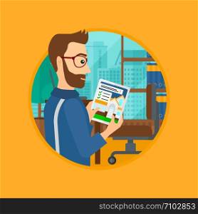 A hipster man looking at house on a digital tablet screen. Man standing in office and looking for house on tablet computer. Vector flat design illustration in the circle isolated on background.. Man looking for house.