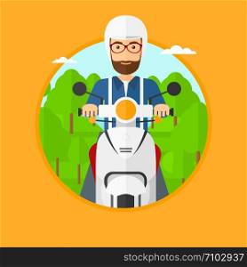A hipster man riding a scooter on the asphalt road on the background of forest. Young man in helmet driving a scooter. Vector flat design illustration in the circle isolated on background... Man riding scooter.