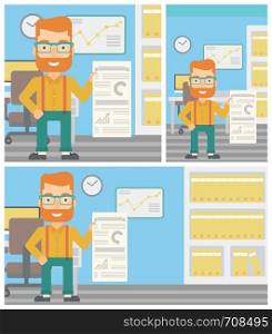 A hipster man showing his business presentation with some text and charts. Man giving a business presentation in the office. Vector flat design illustration. Square, horizontal, vertical layouts.. Man making business presentation.
