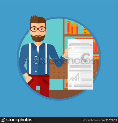 A hipster man showing his business presentation with some text and charts. Man giving a business presentation in the office. Vector flat design illustration in the circle isolated on background.. Man making business presentation.