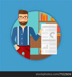 A hipster man showing his business presentation with some text and charts. Man giving a business presentation in the office. Vector flat design illustration in the circle isolated on background.. Man making business presentation.
