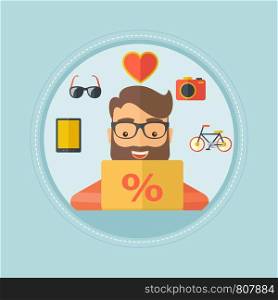 A hipster man sitting in front of laptop and some images of goods around him. Man doing online shopping. Man buying on internet. Vector flat design illustration in the circle isolated on background.. Man shopping online using his laptop.