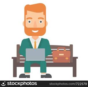 A hipster man sitting on a bench and working on a laptop vector flat design illustration isolated on white background. . Man working on laptop.