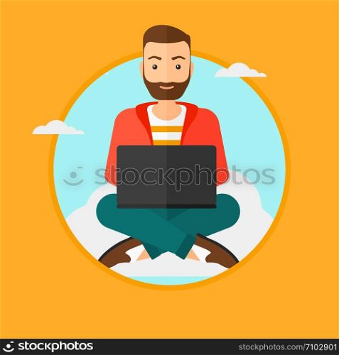 A hipster man sitting on a cloud with a laptop on his knees. Happy man using cloud computing technology. Cloud computing concept. Vector flat design illustration in the circle isolated on background.. Man using cloud computing technology.
