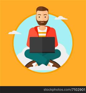 A hipster man sitting on a cloud with a laptop on his knees. Happy man using cloud computing technology. Cloud computing concept. Vector flat design illustration in the circle isolated on background.. Man using cloud computing technology.