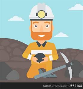 A hipster man sitting with coal in hands and a pickaxe on the background of coal mine vector flat design illustration. Square layout.. Miner holding coal in hands.