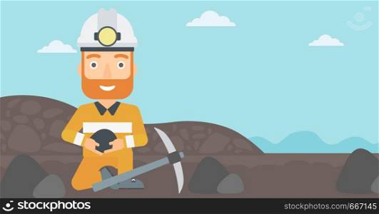 A hipster man sitting with coal in hands and a pickaxe on the background of coal mine vector flat design illustration. Horizontal layout.. Miner holding coal in hands.