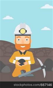 A hipster man sitting with coal in hands and a pickaxe on the background of coal mine vector flat design illustration. Vertical layout.. Miner holding coal in hands.