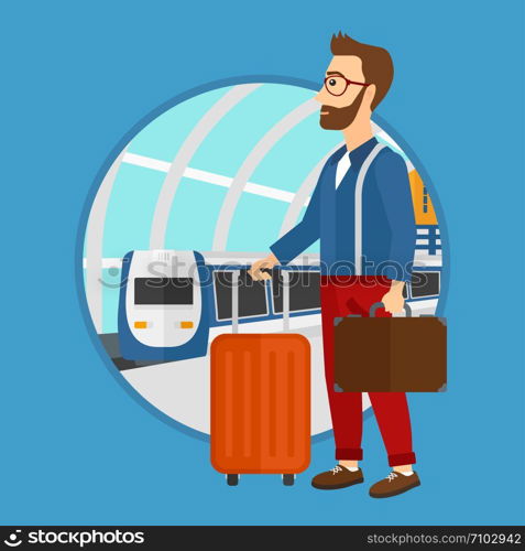 A hipster man standing at the train station on the background of arriving train. Young man with suitcases waiting for a train. Vector flat design illustration in the circle isolated on background.. Man at the train station.