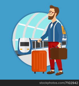 A hipster man standing at the train station on the background of arriving train. Young man with suitcases waiting for a train. Vector flat design illustration in the circle isolated on background.. Man at the train station.