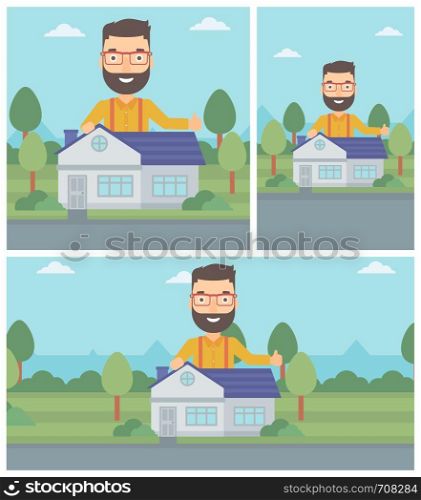 A hipster man standing behind the house and showing thumb up. Real estate agent offering the house. Young man giving thumbs up. Vector flat design Illustration. Square, horizontal, vertical layouts.. Real estate agent showing thumb up.