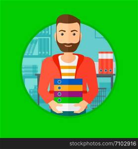 A hipster man standing with pile of folders in the office. Office worker holding folders. Man carrying a stack of folders. Vector flat design illustration in the circle isolated on background.. Man holding pile of folders.