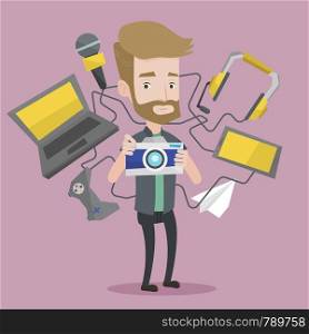 A hipster man taking photo with digital camera. Young man surrounded with gadgets. Man using many electronic gadgets. Man addicted to modern gadgets. Vector flat design illustration. Square layout.. Young man surrounded with his gadgets.