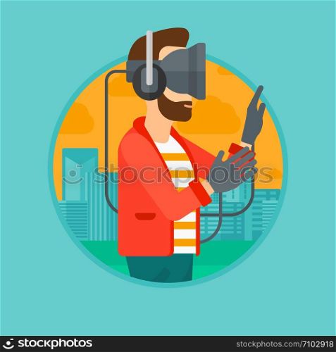 A hipster man wearing a virtual relaity headset. Man playing video games on a city background. Man wearing gamer gloves. Vector flat design illustration in the circle isolated on background.. Man in virtual reality headset playing video game.