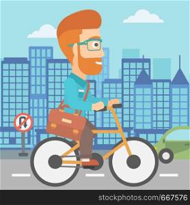 A hipster man with a briefcase cycling to work on city background vector flat design illustration. Square layout.. Man cycling to work.