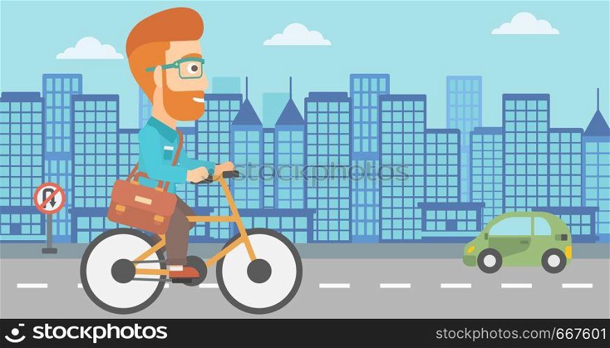 A hipster man with a briefcase cycling to work on city background vector flat design illustration. Horizontal layout.. Man cycling to work.
