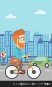 A hipster man with a briefcase cycling to work on city background vector flat design illustration. Vertical layout.. Man cycling to work.