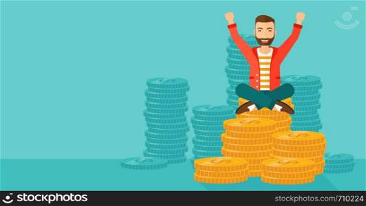 A hipster man with a happy face and raised hands sitting on golden coins on a blue background vector flat design illustration. Horizontal layout.. Happy businessman sitting on coins.
