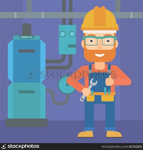 A hipster man with a spanner in hand showing thumb up sign on a background of domestic household boiler room with heating system and pipes vector flat design illustration. Square layout.. Cheerful repairer with spanner.