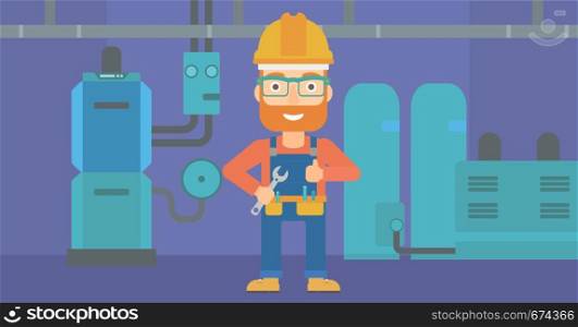 A hipster man with a spanner in hand showing thumb up sign on a background of domestic household boiler room with heating system and pipes vector flat design illustration. Horizontal layout.. Cheerful repairer with spanner.