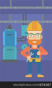 A hipster man with a spanner in hand showing thumb up sign on a background of domestic household boiler room with heating system and pipes vector flat design illustration. Vertical layout.. Cheerful repairer with spanner.