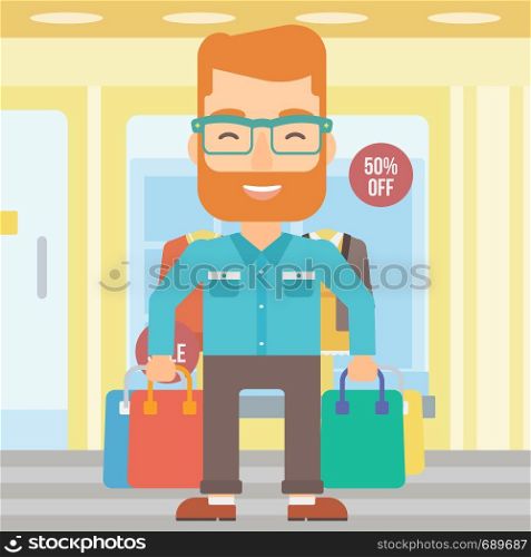 A hipster man with bags on the background of boutique window with dressed mannequins vector flat design illustration. Square layout.. Happy customer with bags.