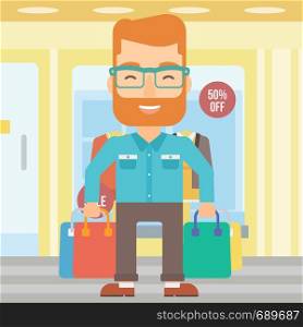A hipster man with bags on the background of boutique window with dressed mannequins vector flat design illustration. Square layout.. Happy customer with bags.