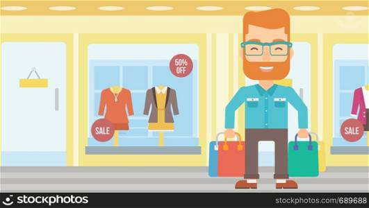 A hipster man with bags on the background of boutique window with dressed mannequins vector flat design illustration. Horizontal layout.. Happy customer with bags.
