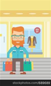 A hipster man with bags on the background of boutique window with dressed mannequins vector flat design illustration. Vertical layout.. Happy customer with bags.