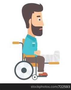 A hipster man with broken leg sitting in wheelchair vector flat design illustration isolated on white background. . Patient sitting in wheelchair.