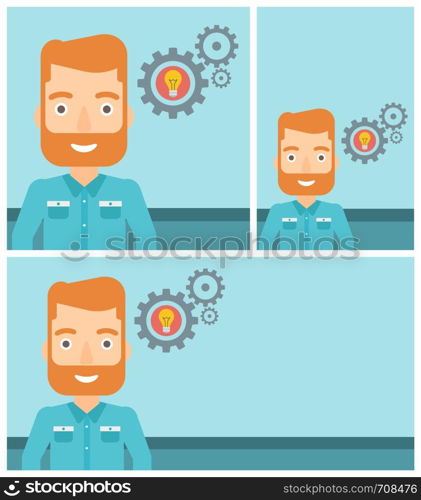 A hipster man with business idea bulb in gear. Young businessman having a business idea. Successful business idea concept. Vector flat design illustration. Square, horizontal, vertical layouts.. Man with business idea bulb in gear.