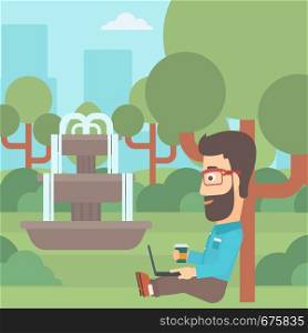 A hipster man with cup of coffee studying in park using a laptop vector flat design illustration. Square layout.. Man using laptop for education.