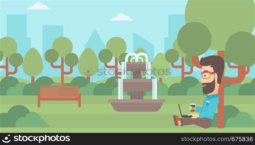 A hipster man with cup of coffee studying in park using a laptop vector flat design illustration. Horizontal layout.. Man using laptop for education.