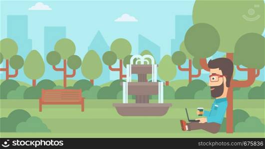 A hipster man with cup of coffee studying in park using a laptop vector flat design illustration. Horizontal layout.. Man using laptop for education.
