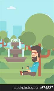 A hipster man with cup of coffee studying in park using a laptop vector flat design illustration. Vertical layout.. Man using laptop for education.