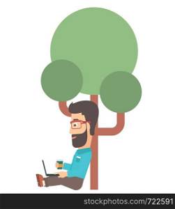 A hipster man with cup of coffee studying in park using a laptop vector flat design illustration isolated on white background. . Man using laptop for education.