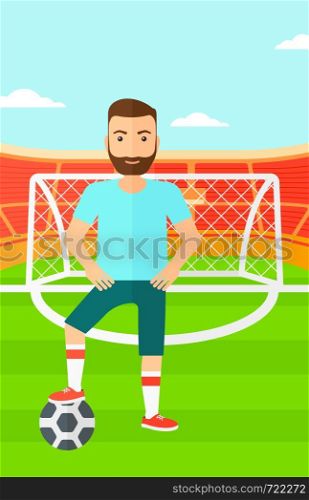 A hipster man with football ball on the field of stadium vector flat design illustration vector flat design illustration. Vertical layout.. Football player with ball.