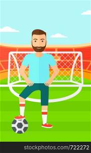 A hipster man with football ball on the field of stadium vector flat design illustration vector flat design illustration. Vertical layout.. Football player with ball.