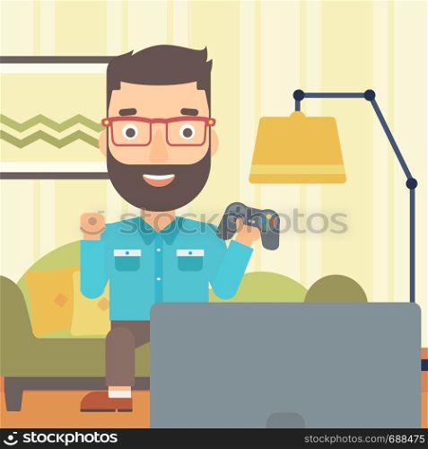 A hipster man with gamepad in hands sitting on a sofa in living room vector flat design illustration. Square layout.. Man playing video game.